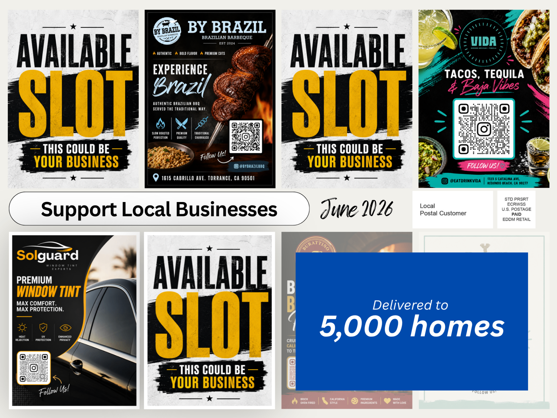Sample shared jumbo postcard featuring local Lakewood businesses